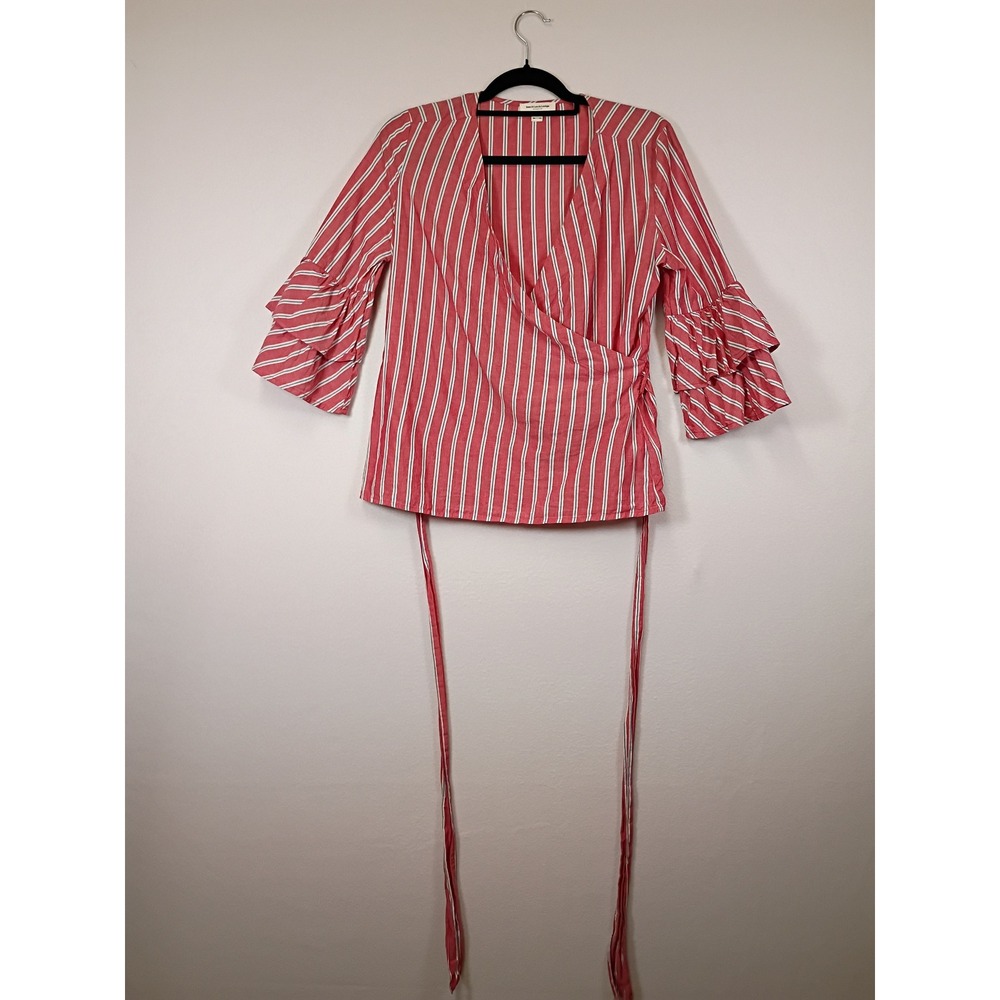 Coastal Beachlunchlounge Women XS Red White Striped Ruffle Sleeve Wrap Top